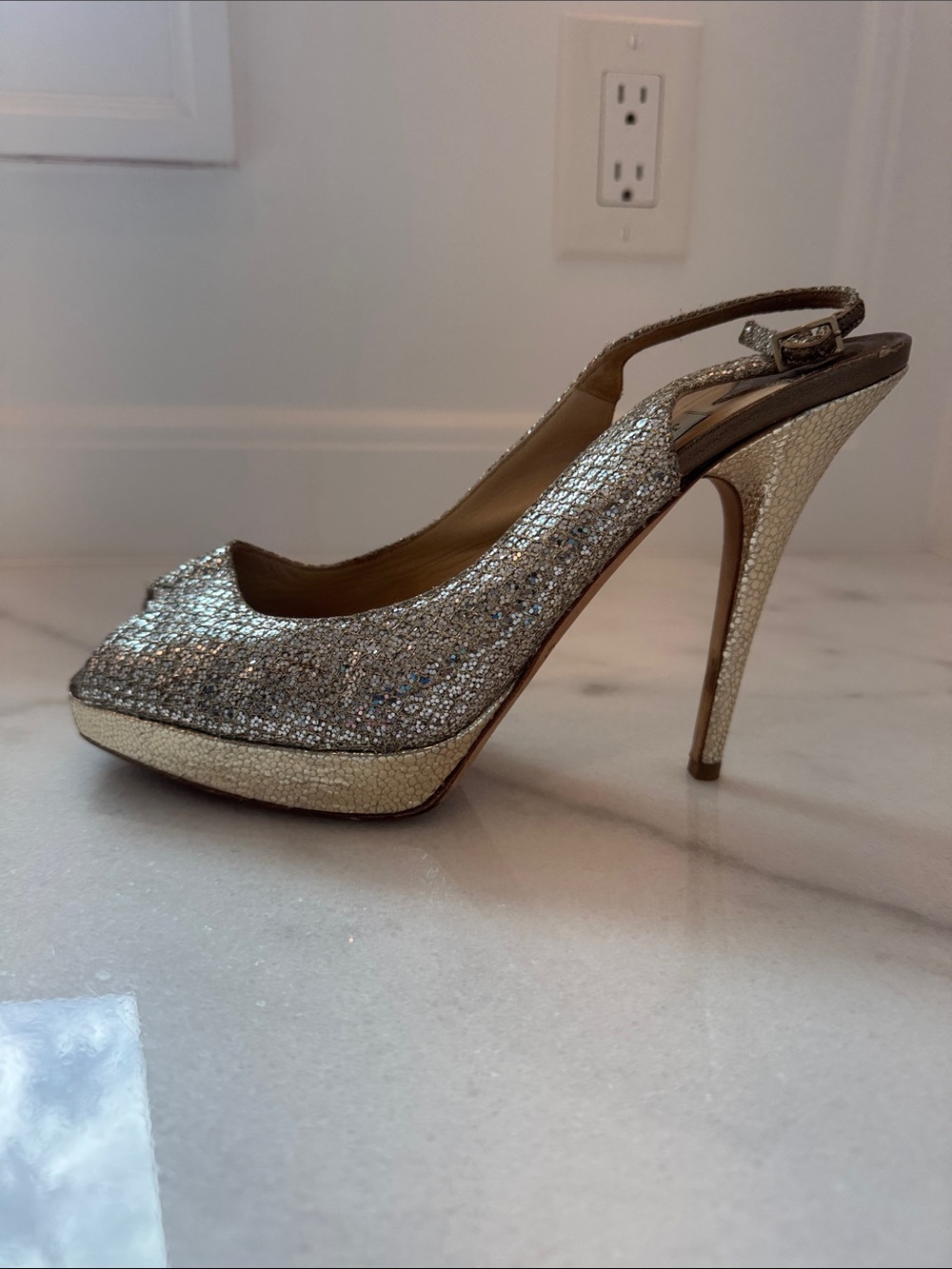 JIMMY CHOO  GLITTER SLINGBACK PLATFORM PEEP TOE HIGH HEEL SANDALS size 39.5